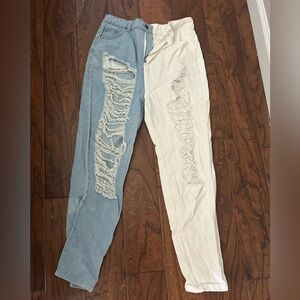 SHEIN Blue and White Distressed Skinny Jeans